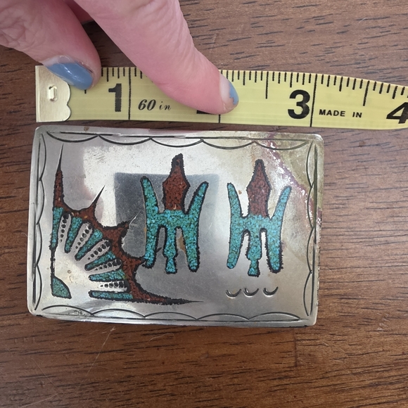 Vintage Silver Navajo Peyote Belt Buckle with Turquoise and Red Design - Picture 8 of 13